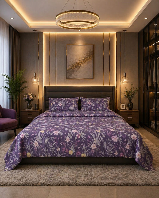 Royal Violet Garden Cotton Satin Bedsheet
