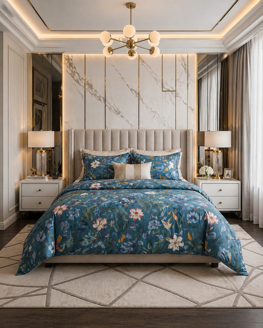 Midnight Blue Blossom Cotton Satin Bedsheet