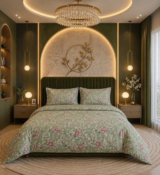 Sage Blossom Cotton Satin Bedsheet