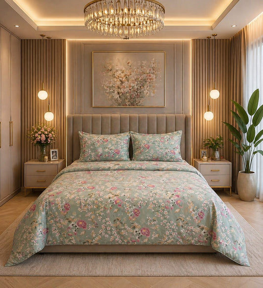 Mint Floral Luxe Cotton Satin Bedsheet