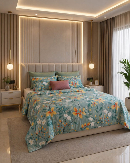 Aqua Floral Cotton Satin Bedsheet