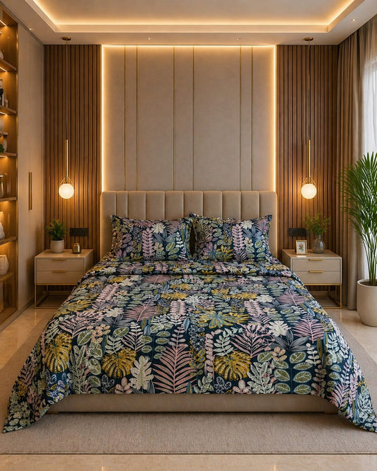 Midnight Botanical Cotton Satin Bedsheet