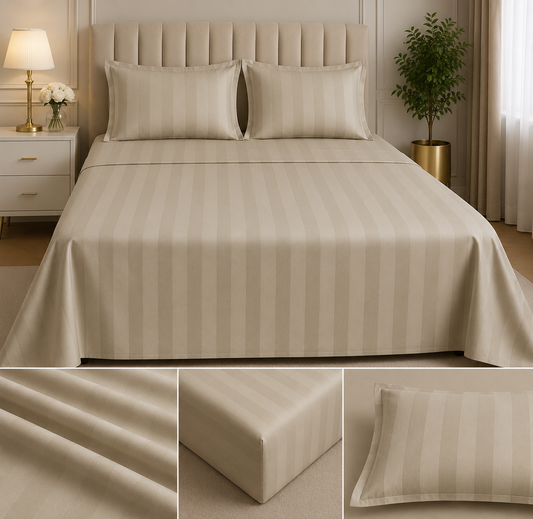 Biscuit Beige Stripe Cotton Satin Bedsheet Set