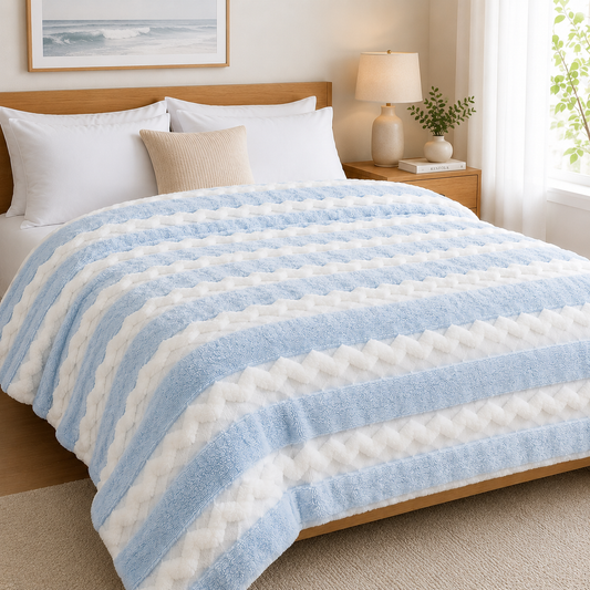 Premium Sky Blue Stripe Fleece Blanket - King Size